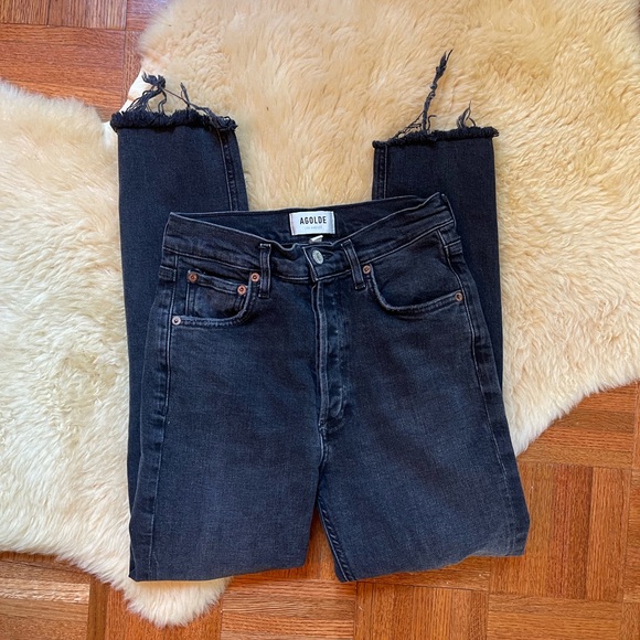 Agolde Nico High Rise Slim Button Fly Black Distressed Jeans - Picture 4 of 10